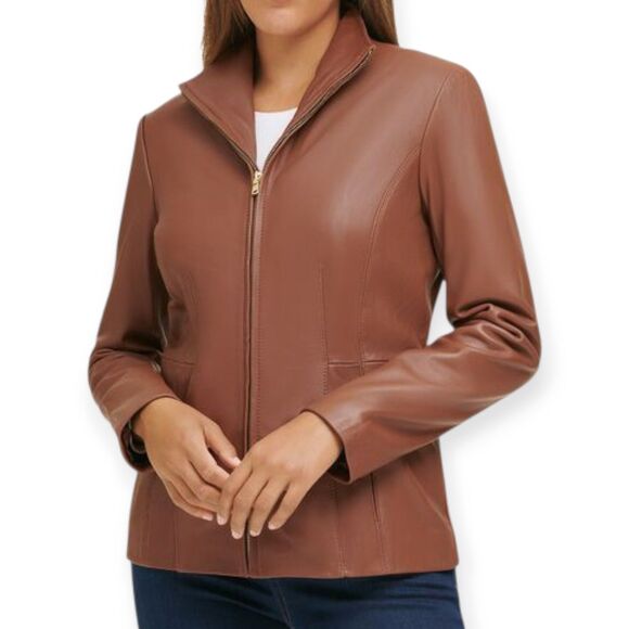 NWT Cole Haan Size Medium Hickory Women's Wing Collar Leather Jacket $498 MSRP - Picture 9 of 9